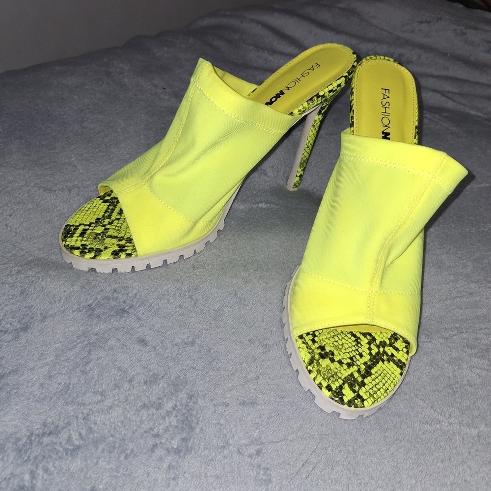 Fashion Nova Neon Yellow Snake-Print Stiletto Mules